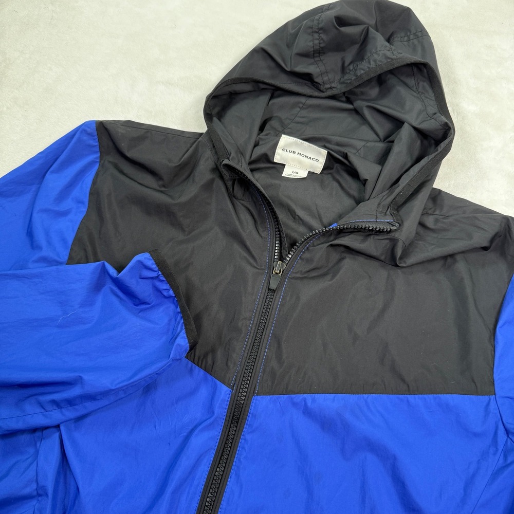 Club Monaco Mens Blue Black Colorblock Windbreaker Hooded Jacket Large 02601448
